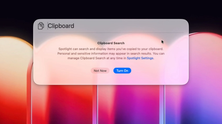 A window prompting the user to turn on clipboard search in macOS Tahoe