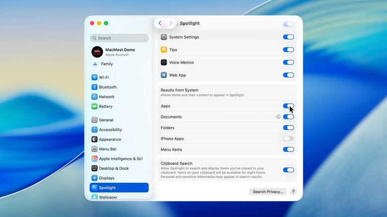 The Spotlight settings menu in macOS Tahoe