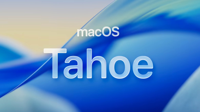 The macOS Tahoe logo on an abstract background.