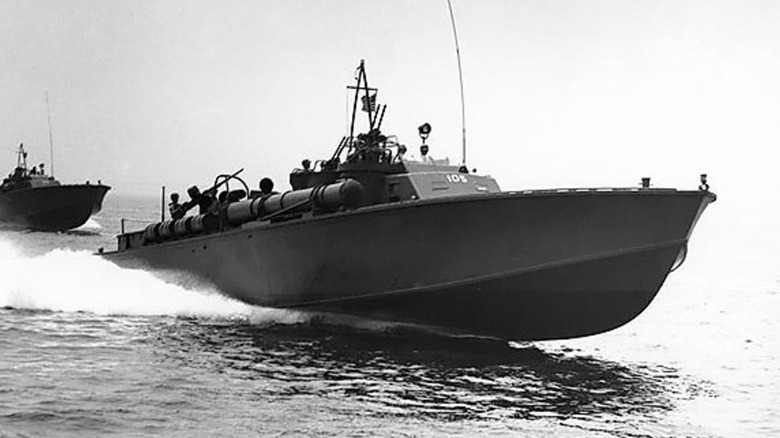 The USS PT-105 running at high speed during an exercise in 1942