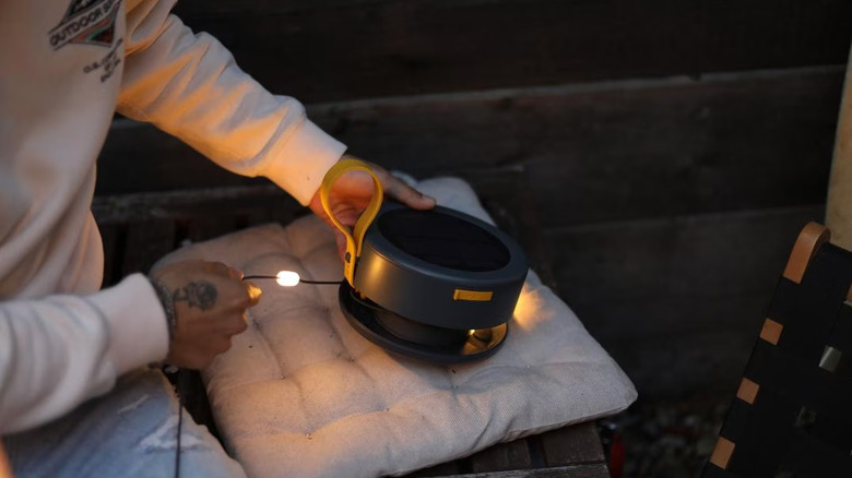 Camping solar string lights being used