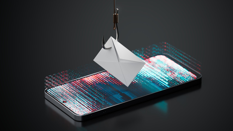 An envelope and mail hooked by a fishing rod, hovering on a phone.