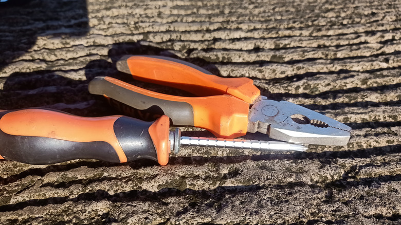Close-up of a pair of pliers and a screwdriver.