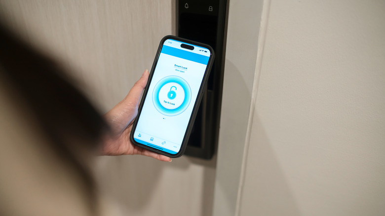 A person holding a smart phone up next to a security door with a lock symbol on the phone