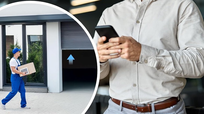 A person pressing buttons on their phone as a delivery person looks at a garage that is opening.