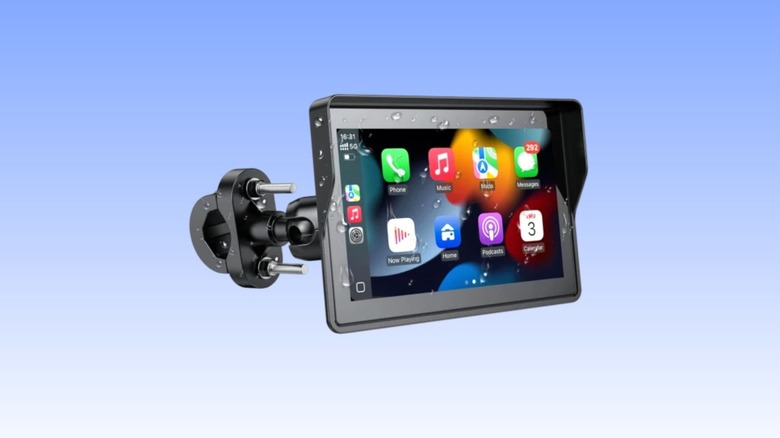 A  WonVon 5 Inch Motorcycle Carplay GPS Navigation System with Apple Carplay and Android Auto against a blue gradient background