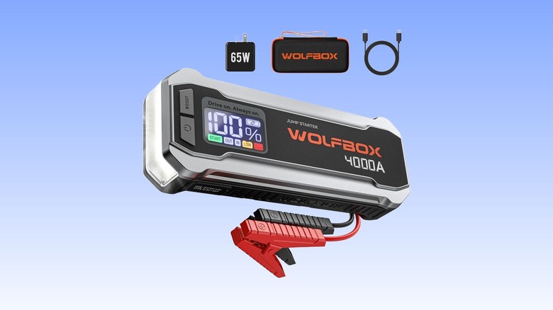 WOLFBOX 4000A Jump Starter,12V Car Battery Jumper Starter against a blue gradient background