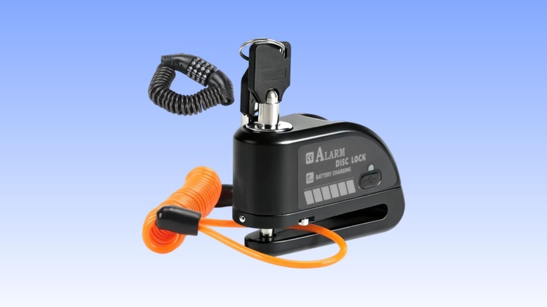 TOKCKYBL Rechargeable Motorcycle Disc Lock with 120dB Alarm against a blue gradient background