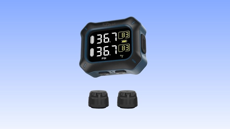 Sykik Rider SRTP300 Wireless tire Pressure Monitoring System against a blue gradient background