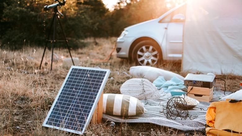 Camping setup with solar panel