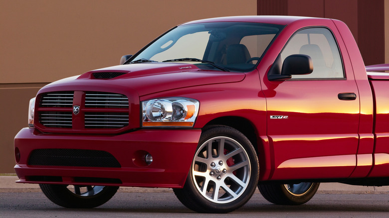 A red 2006 Dodge Ram SRT-10 pickup truck.