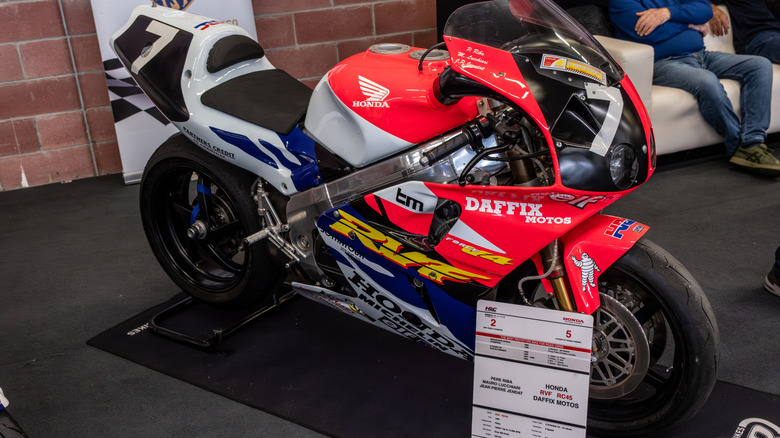 A Honda RC45 race bike on display.