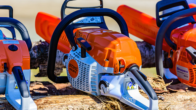 Stihl chainsaws lined up