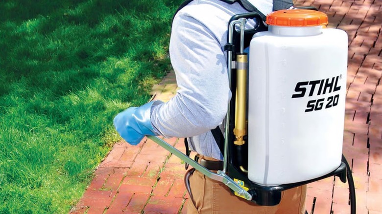 A person carrying the Stihl SG 20 Manual Backpack Sprayer.