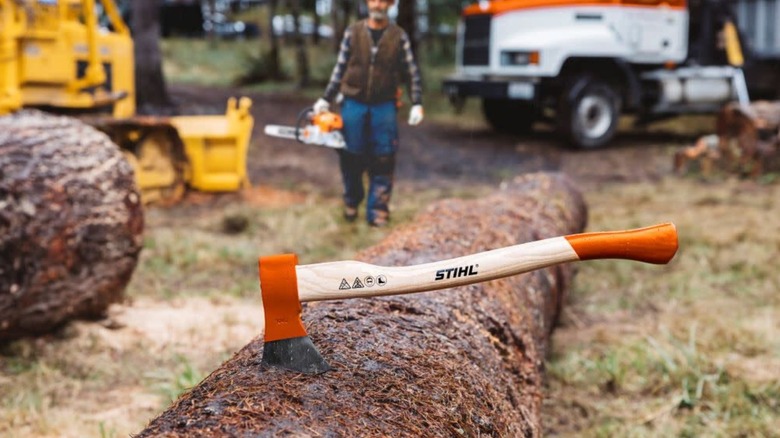 Stihl Woodcutter Forestry Axe stuck in felled tree.