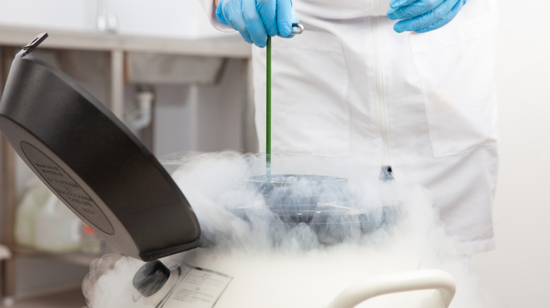 Scientist ladling liquid nitrogen