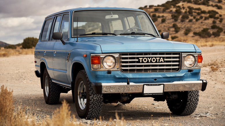 A front end shot of a blue 1984 Toyota Land Cruiser