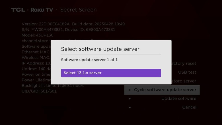 A Roku TV asking the user to select a software update server.