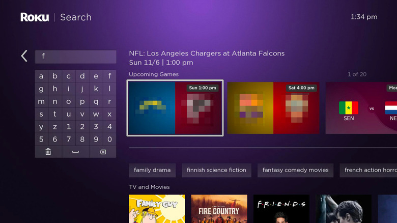 A user searching the letter F in a Roku search bar.