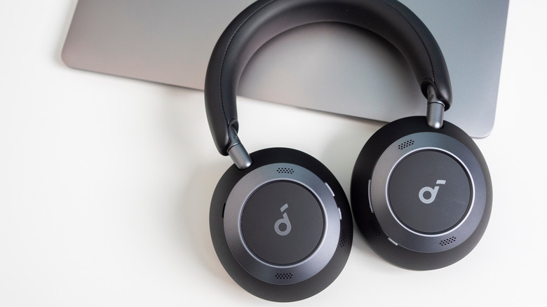 Anker Soundcore headphones on a laptop