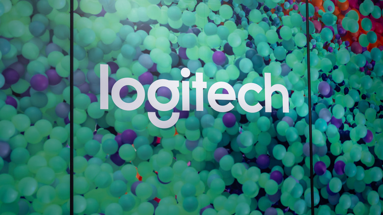 A Logitech logo on a storefront.