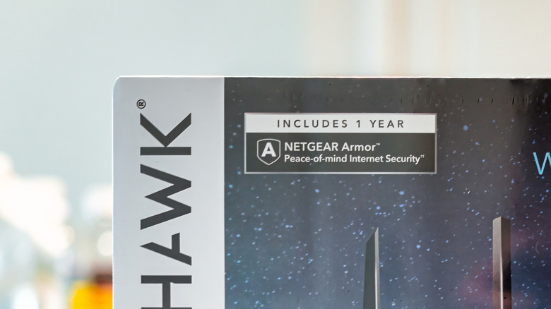 Netgear Armor 1 year free message printed on a Nighthawk router's box.