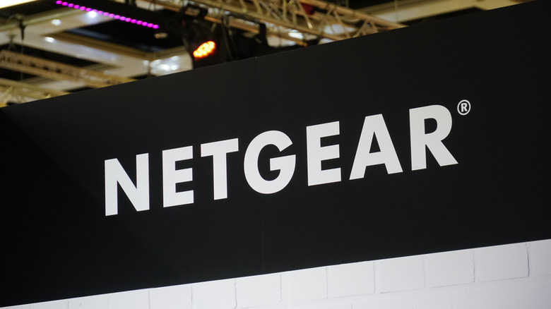 Netgear sign inside a hall at a technology event