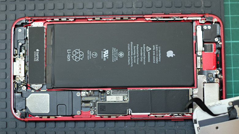 A teardown of an iPhone showing its internals and battery