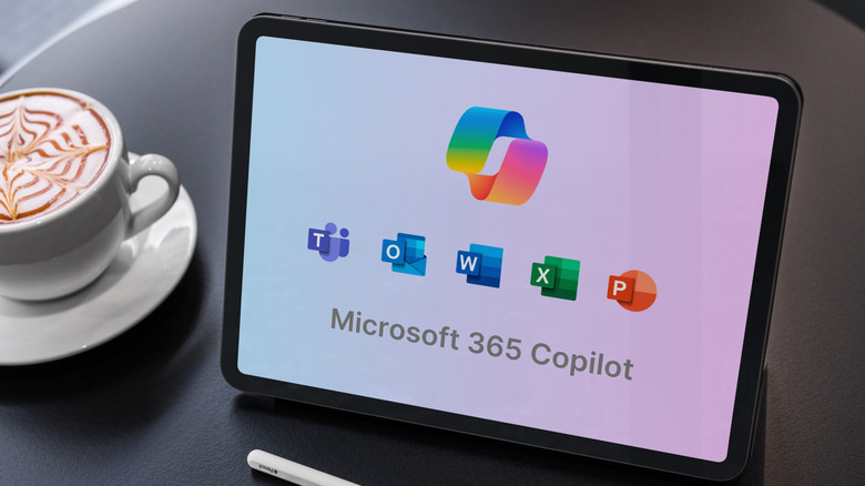 Tablet displaying Microsoft CoPilot and other Office 365 app logos
