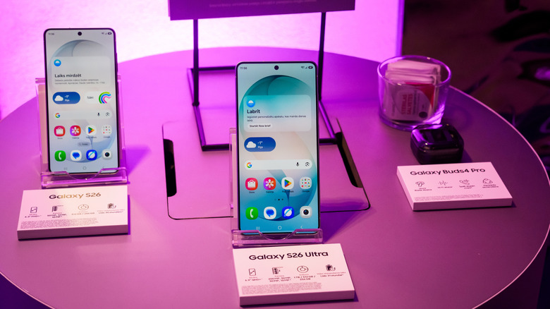 Samsung Galaxy phones and Galaxy Buds4 Pro on display