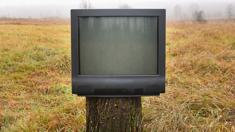 A CRT TV sitting on a tree stump in a field