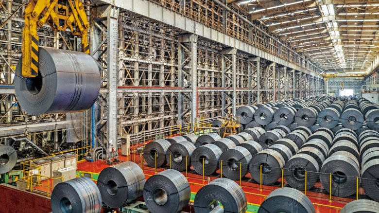 Steel rolls stacked up at Hyundai Steel's factory