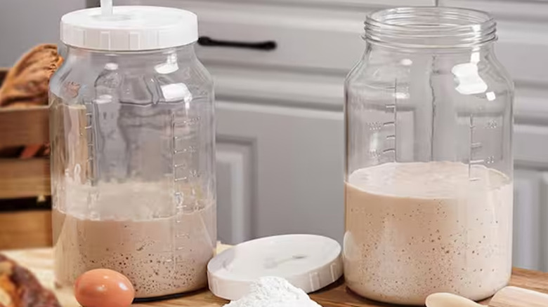 Two fermentation jars being used on sourdough starter.