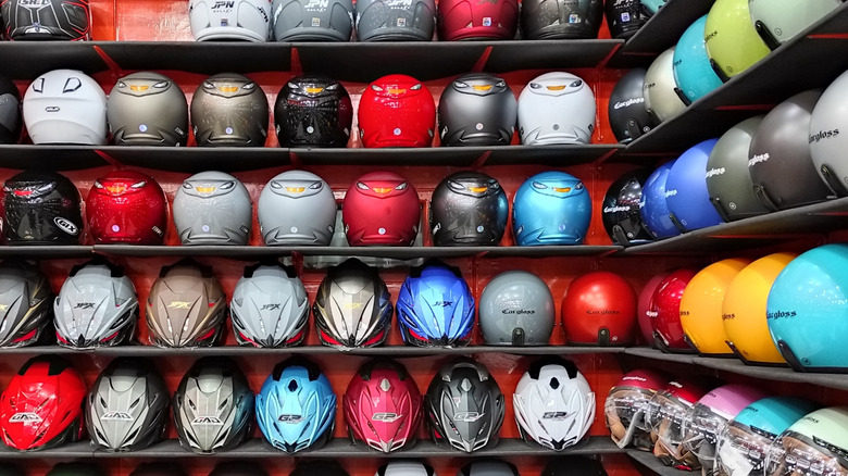 Rows of helmets at a store in Indonesia
