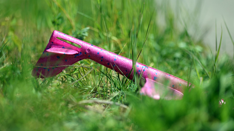 A red toy laying on long grass