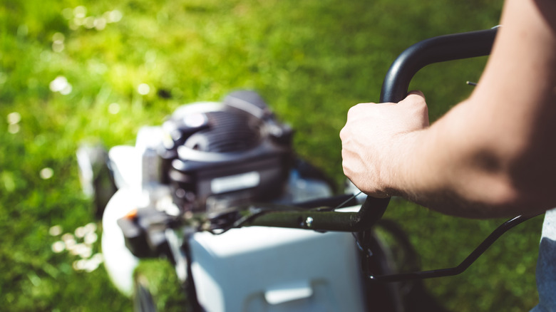 Close-up of a person using a push lawn mower