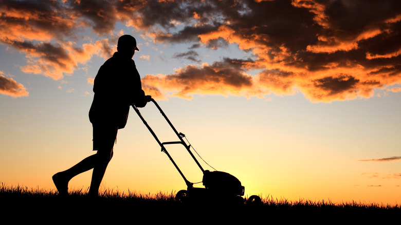 A person pushing a lawn mower at dusk