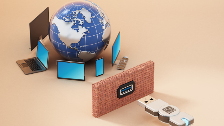 USB dongle and blue globe with different devices
