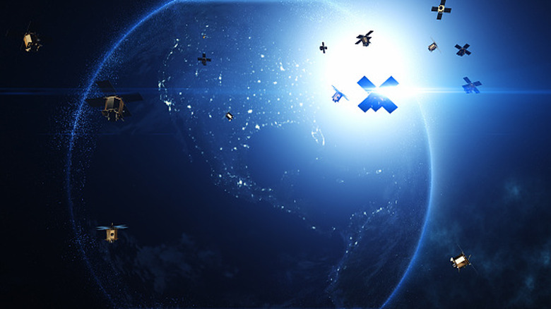 A view from space of satellites surrounding Earth
