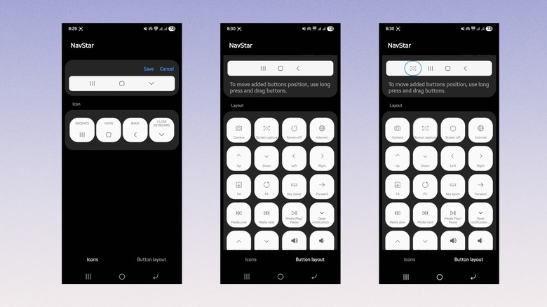 Screenshots showing NavStar menus on a Samsung Galaxy phone.