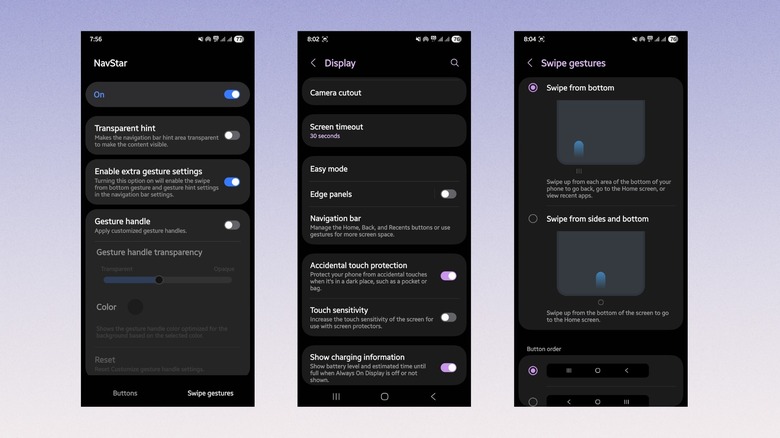 Screenshots showing the NavStar and the Display menu on a Samsung phone.