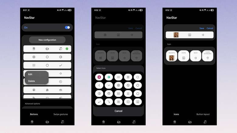 Screenshots showing how to configure buttons in the NavStar menu on Samsung phones.
