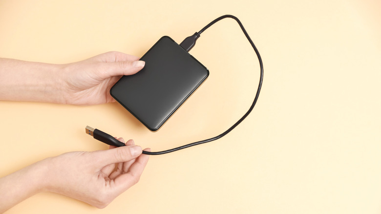 Person holding an external hard drive