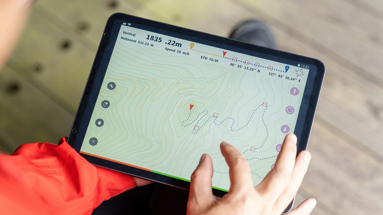 A map navigating to a location on a tablet screen