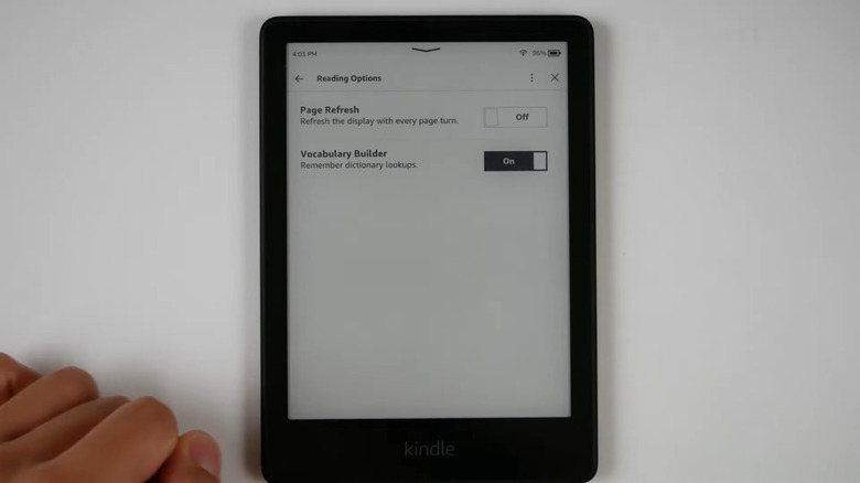 Kindle with vocabulary builder setting turned on