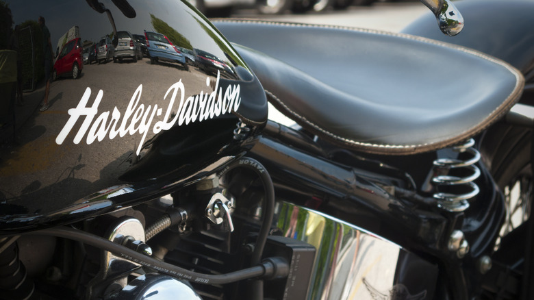 Gas tank of a Harley-Davidson motorcycle closeup 