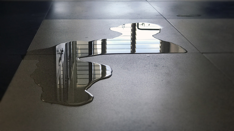 Spilled water on the floor with a window reflection on the ground