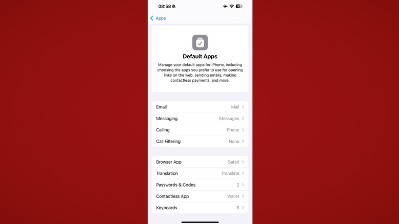 Default apps settings on iPhone