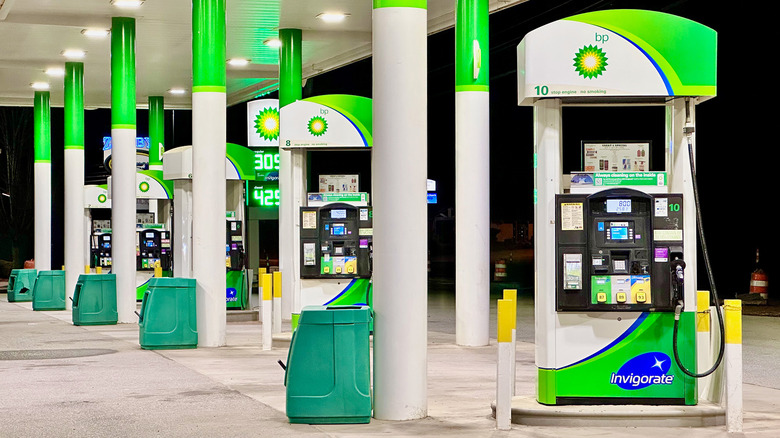 A series of BP gas station pumps