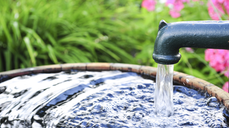 Water faucet filling a bucket in a garden